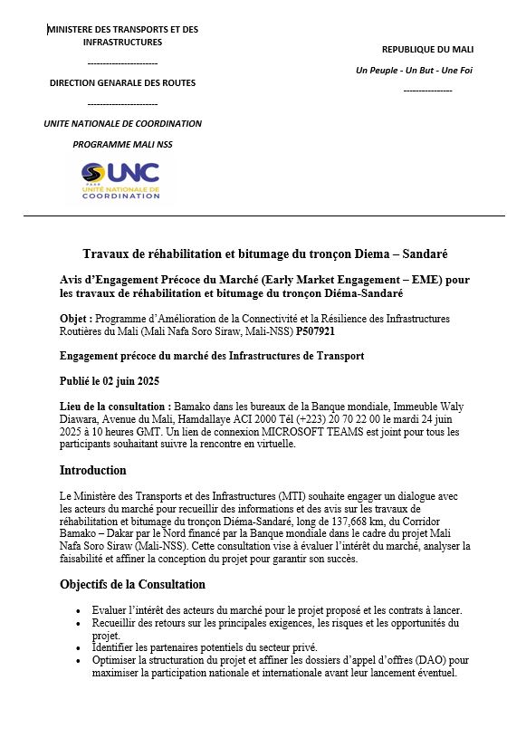 AVIS D’ENGAGEMENT PRÉCOCE DU MARCHÉ (EARLY MARKET ENGAGEMENT – EME) POUR LES TRAVAUX DE RÉHABILITATION ET BITUMAGE DU TRONÇON DIÉMA-SANDARÉ