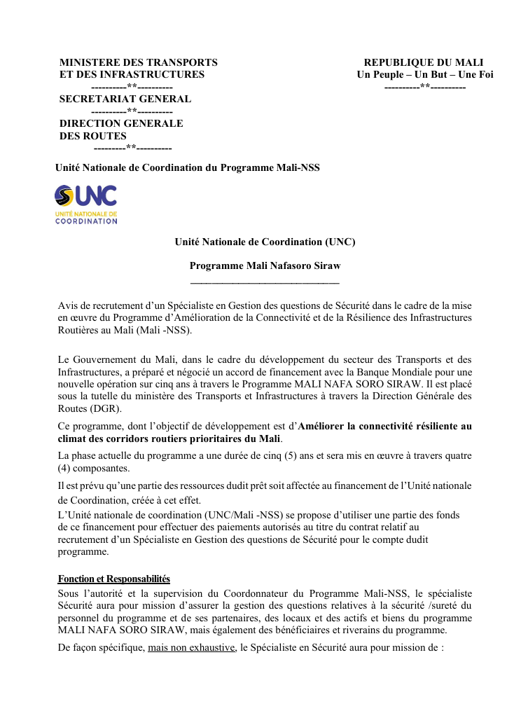 AVIS DE RECRUTEMENT SPÉCIALISTE DES QUESTIONS DE SÉCURITÉ