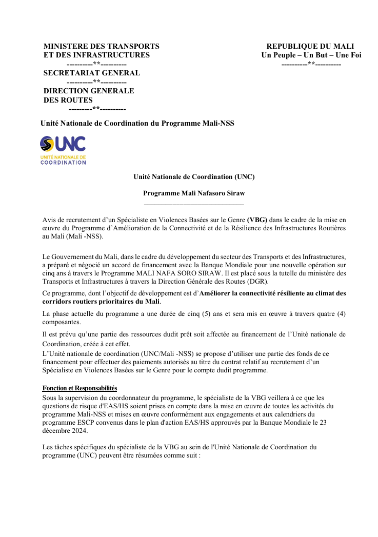 AVIS DE RECRUTEMENT SPÉCIALISTE EN VBG