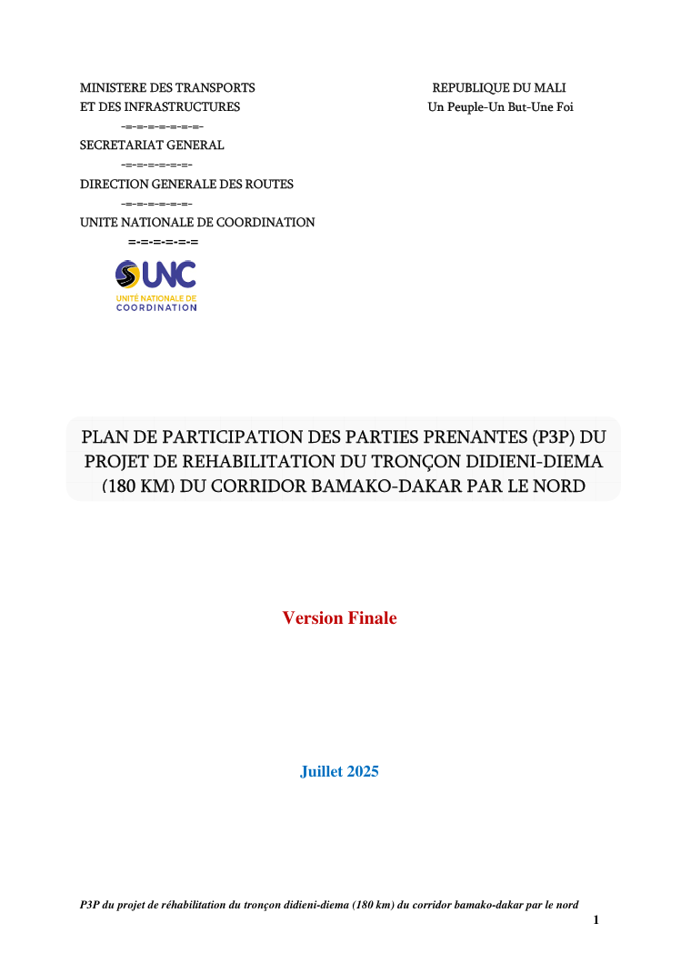 PLAN DE PARTICIPATION DES PARTIES PRENANTES (P3P) DU  PROJET DE REHABILITATION DU TRONÇON DIDIENI-DIEMA  (180 KM) DU CORRIDOR BAMAKO-DAKAR PAR LE NORD